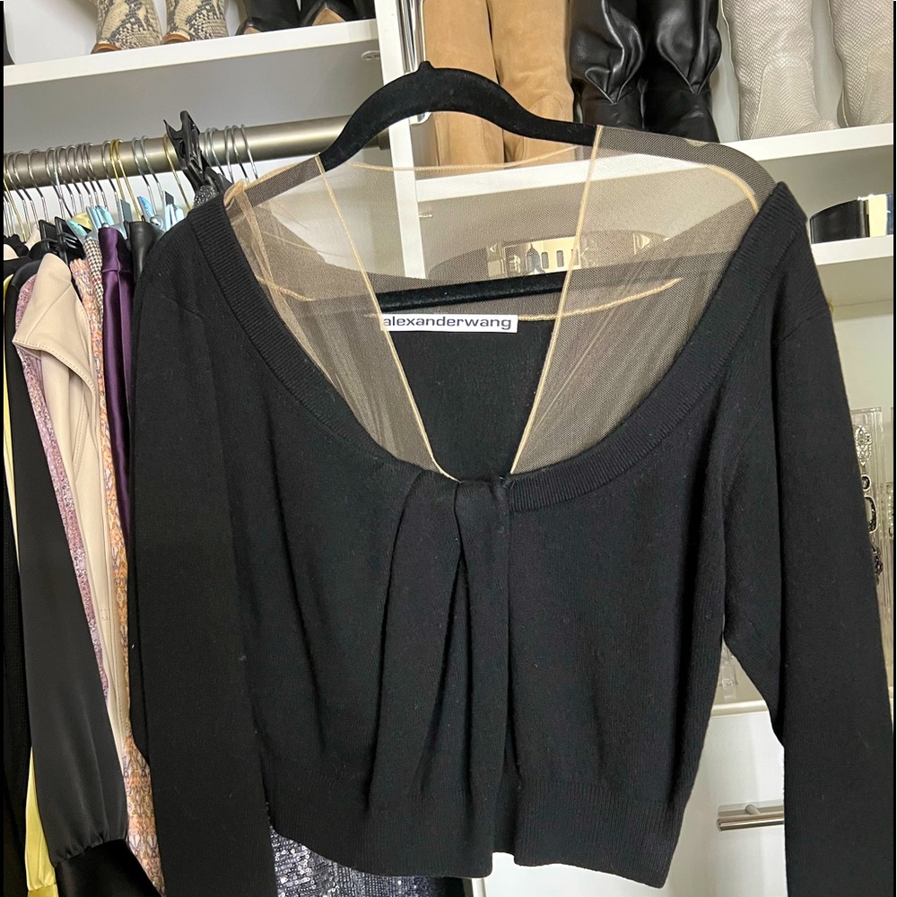 Alexander Wang black knit sweater w/ illusion off the shoulder neckline